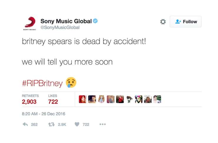 Sony Music Twitter hesabından, Britney Spears'ın öldüğünü duyurdu